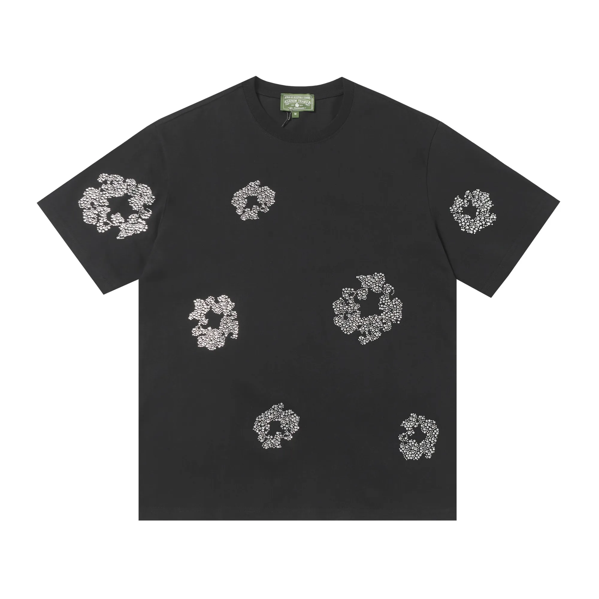P104 205#DENIM TEARS Kapok European and American trendy brand high-quality crystal hot diamond short-sleeved suit Color: Black Gray Rose Red Size S-XL